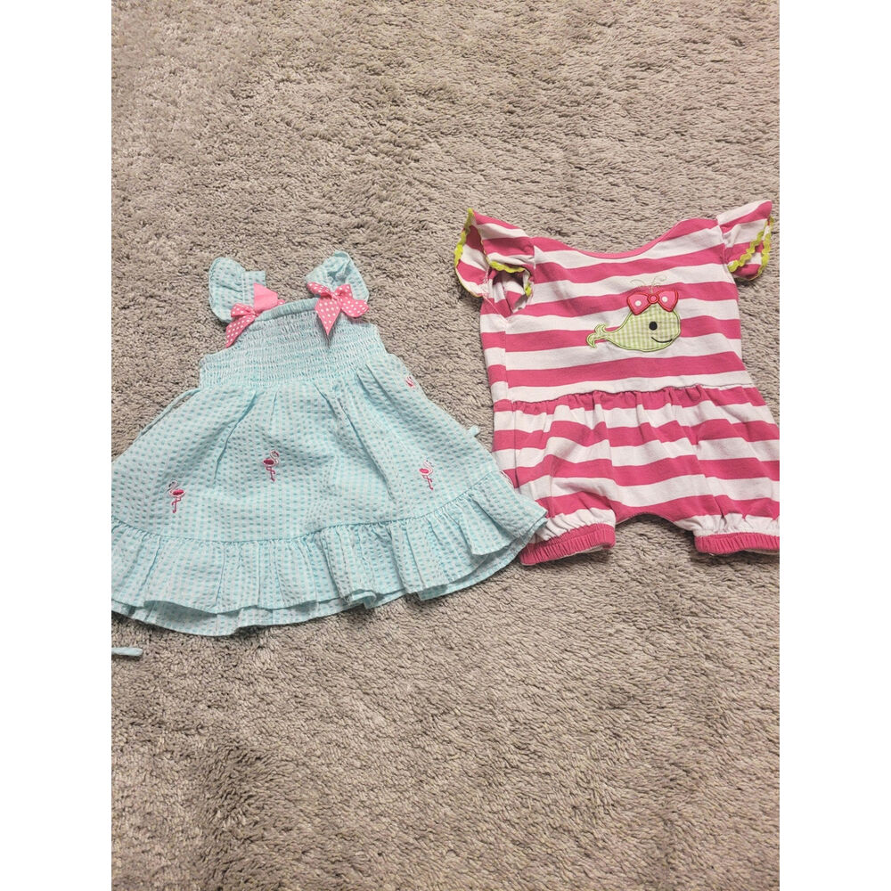 Baby Girl Summer Outfit Bundle 3-6M Flamingo Dress & Whale Romper Cute Set